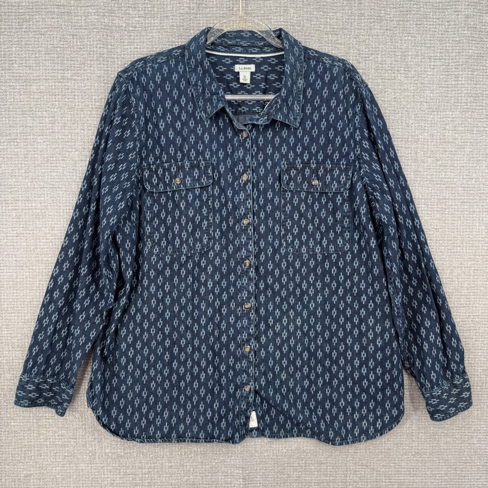 LL Bean Denim Shirt Womens XL Blue Geometric Print Long Sleeve Cotton Workwear